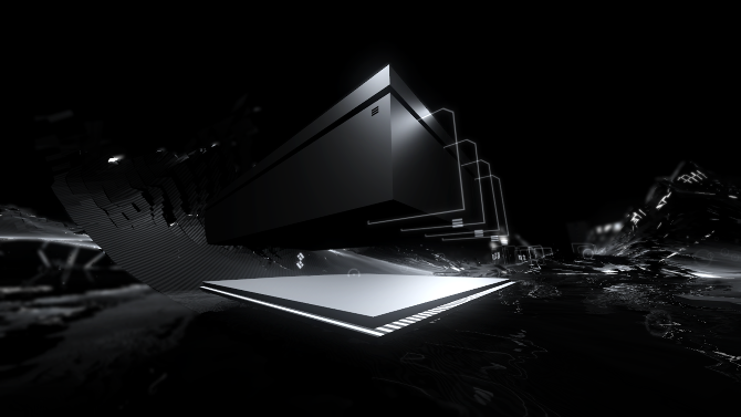 Abstract 3D rendering of a floating rectangular structure with glowing edges over a reflective dark surface, black and white, futuristic mood
