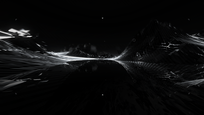 Abstract digital landscape with wavy textured dunes and faint reflective surface, black and white, calm mysterious mood