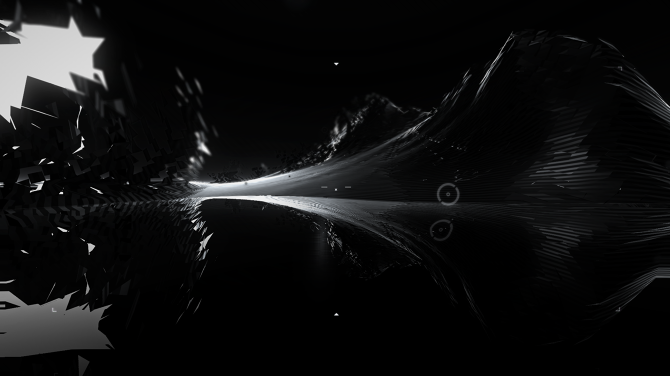 Abstract digital rendering of jagged shard-like shapes and a glowing wave form against black background, monochrome, futuristic mood