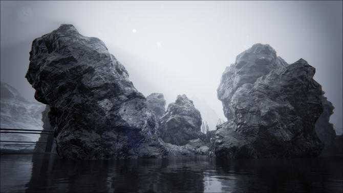 Monochrome foggy rock formations rising from dark water, cold eerie mood